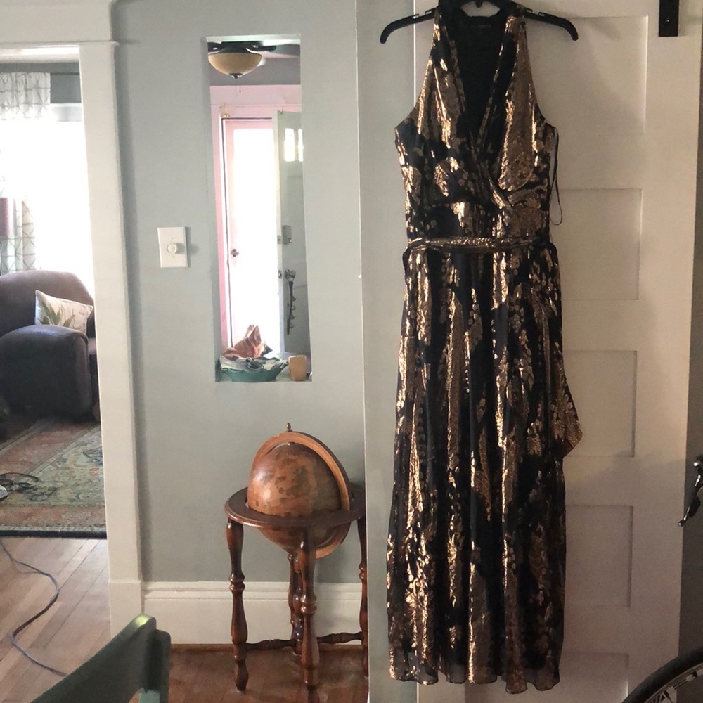Gold and black plunging neckline gown